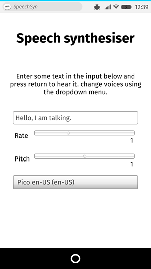 UI of an app called speak easy synthesis. It has an input field in which to input text to be synthesized, slider controls to change the rate and pitch of the speech, and a dropdown menu to choose between different voices.